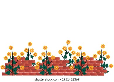 Curva horizontal de ladrillos rojos y matorrales con flores amarillas. Fondo aislado, ilustración vectorial