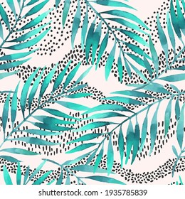 Horizontal curly waves, minimal polka dot doodle, palm leaves seamless pattern. Tropical vector illustration for minimalist print, cover, fabric, scrapbooking wallpaper, birthday card background
