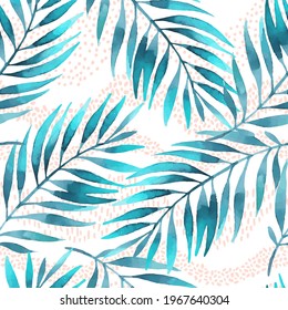 Horizontal curly waves, minimal polka dot doodle, palm leaves seamless pattern. Tropical vector illustration for minimalist print, cover, fabric, scrapbooking wallpaper, birthday card background