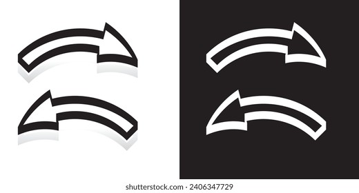 Vector de flecha de curva horizontal. Icono de flecha 3D negra. Sencilla dirección opuesta Icono de flecha sobre fondo blanco.