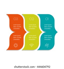 Horizontal curved arrow infographic diagram. Connected chart template with 3 separate parts. Paper progress steps for tutorial, concept of sequence banner. EPS10 layout.