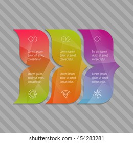 Horizontal curved arrow infographic diagram. EPS10 connected chart template with 3 separate parts. Paper progress steps for tutorial, concept of sequence banner.