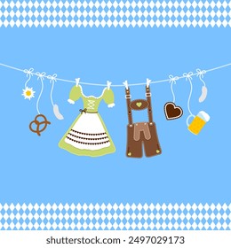 Horizontal Curved Hanging Oktoberfest Symbols And Border Green Brown Blue Background