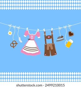 Horizontal Curved Hanging Oktoberfest Symbols Hat Pink Brown Diamond Pattern Border Blue Background