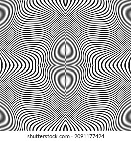 Horizontal curved wavy lines pattern. Vector seamless texture with black and white waves, stripes. Modern abstract monochrome background, optical illusion effect. Repeat design for decor, covers, web.