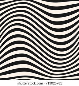 Horizontal curved wavy lines pattern. Vector seamless texture with black and white waves, stripes. Modern abstract monochrome background, optical illusion effect. Repeat design for decor, covers, web