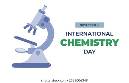 Horizontal lindo Anuncio para el Día Internacional de la Química el 15 de noviembre con un microscopio de laboratorio de dibujos animados. Concepto de vacaciones minimalistas para póster, Plantilla de fondo para Sitio web, redes sociales.