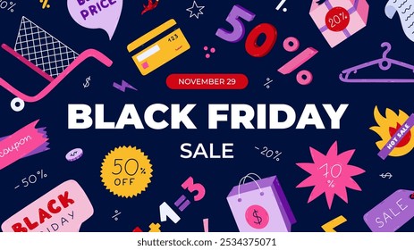 Horizontal cute colorful banner for Black Friday with cartoon shop and sale clipart. Super discounts concept for poster, background template for website, media. Shopping cart, gift, price off tags.