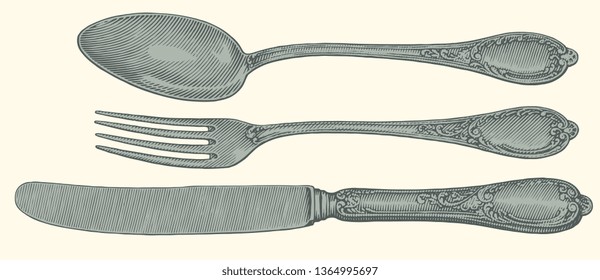 Horizontal Cutlery. Design set. Hand drawn engraving. Editable vector vintage illustration. Isolated on light background. 8 EPS