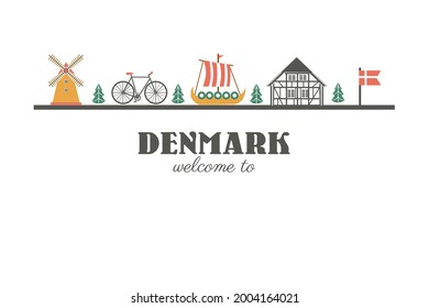 Horizontal danish banner with windmill, scandinavian buildings, tree, traditional rural wind energy, bicycle isolated on background, mill farm power ecology watermill vector colorful illustration