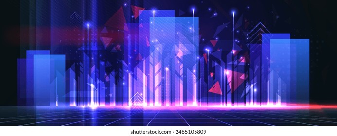 Horizontal dark background with glowing neon blue shapes and lights. Vector illustration. Abstract futuristic night city concept with triangle elements.
