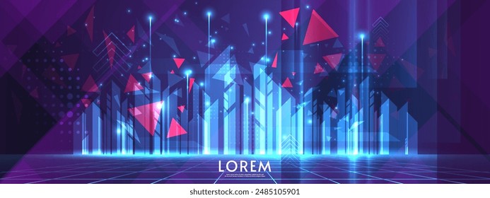 Horizontal dark background with glowing neon blue shapes and lights. Red triangles elements. Vector illustration. Abstract futuristic night city concept with triangle elements.