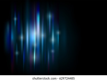 Horizontal dark background with luminous particles and vertical lines. Black background with colored lines and sparks. Vector