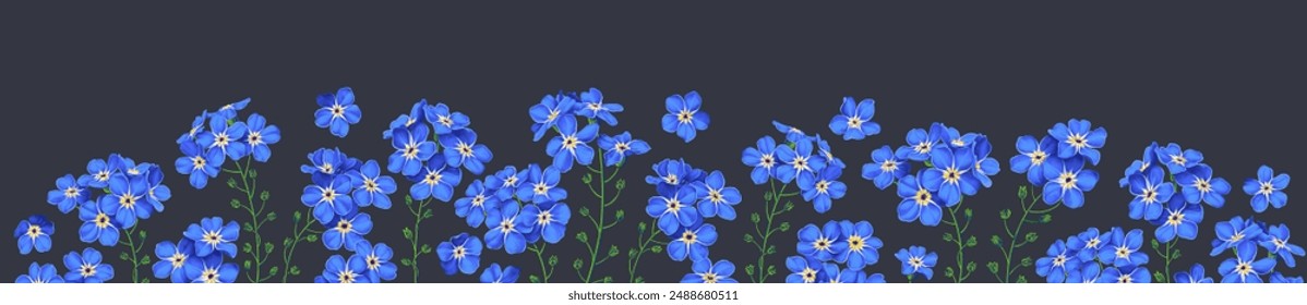 Horizontal dark banner floral background decorated with blue blooming forget-me-nots and botanical border. Spring botanical vector illustration on a dark background. Hand painted from real flowers