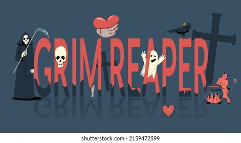 Horizontal dark banner with grim reaper text and night cemetery attributes flat vector illustration