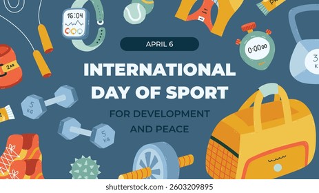 Horizontal dark banner for International Day of Sport for Development and Peace with cartoon gym, workout, pilates clipart. Holiday poster, website background, social media post in trendy colors.