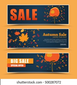Horizontal dark blue banner design (flyer) for sale. Template Autumn trees from which the leaves fall off and discount percentages. Vector illustration