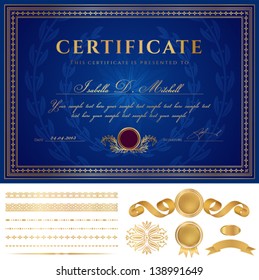  Horizontal dark blue Certificate of completion (template) with guilloche pattern (watermarks), golden borders, medal, design elements. Background for diploma, gift voucher, official or awards. Vector