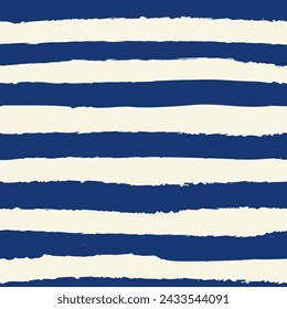 Horizontal azul marino oscuro y crema marina marina costera sin costuras patrón de repetición. Grunge rasgado textura dentada vector raya de la cabaña en los colores del mar