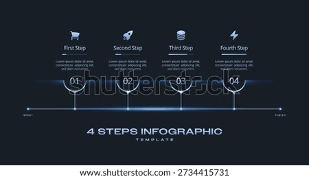 Horizontal Dark Tech Infographic Template with Neon Blue Gradient Circles, Numbered 4 Step Process Icons, Timeline Journey and Progress Diagram for Presentation, Workflow, Banner, and Flowchart Layout