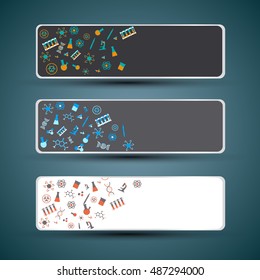Horizontal dark and white science banners with silvery frames and small colorful chemistry symbols in doodle style isolated vector illustration