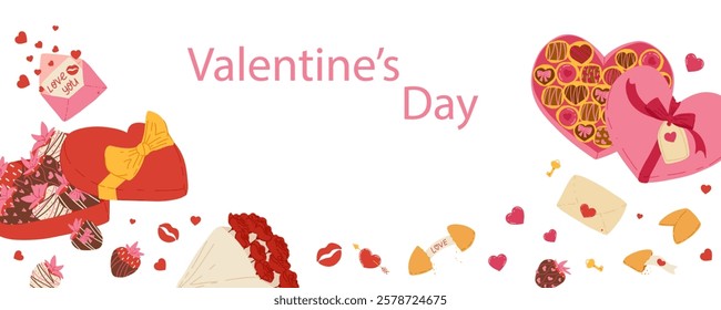 Horizontal Valentine’s Day billboard illustration with romantic theme and ample copyspace. A vector design perfect for commercial use and love promotions. Suitable for advertising, posters