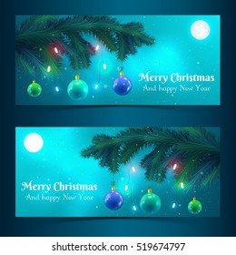 Horizontal decorated with baubles christmas tree branches in moonlight banners flat isolated vector illustration