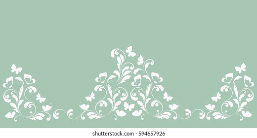 Horizontal decorative border. Cute tape for ribbon, greeting cards, paper, wallpaper, banners. The lace pattern. The flowers and butterflies. Cover decoration, design element.