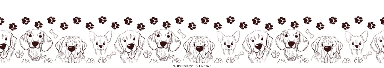 Horizontal decorative border with hand drawn dog faces and paw prints in clean sketch line style.