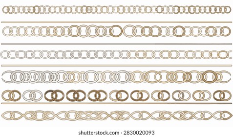 Horizontal decorative borders with metallic interlocking rings and Celtic knot patterns in gold and silver, set of repetitive chain link dividers isolated on a white background.