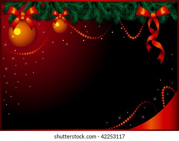Horizontal decorative Christmas background with fir tree, bows and balls