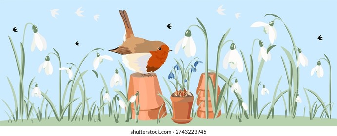 Horizontal decorative floral border featuring a cute robin bird sitting on a flower pot, surrounded by pots with blue flowers and blooming snowdrops. Soft pastel blue background creates a gentle spring mood. Perfect for greeting cards, invitations, banners, stationery, packaging, seasonal designs and nature-inspired projects