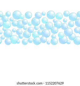 Horizontal decorative line with soap bubbles, background with realistic water beads, pink blobs, vector foam illustration