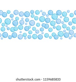 Horizontal decorative line with soap bubbles, background with water beads, blue blobs, vector foam illustration