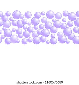 Horizontal decorative line with soap bubbles, background with realistic water beads, purple blobs, vector foam illustration
