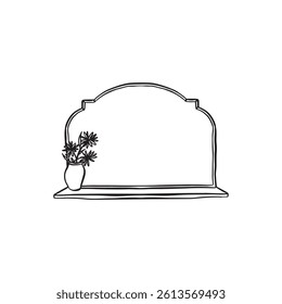 A horizontal decorative mirror, shaped in a classic vintage style with a sill and a vase of flowers on the left hand side. Black and white hand drawn sketch