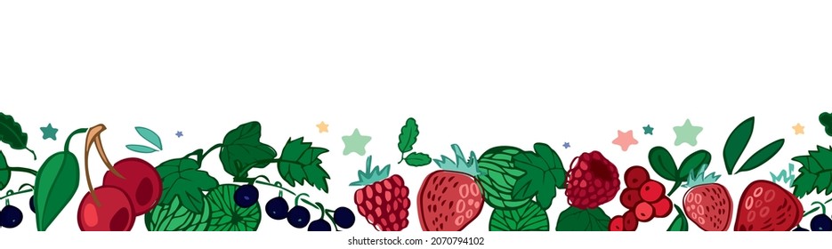Horizontal decorative ornament of forest, garden summer berries isolated on white. Banner concept about the harvest of plants for the decoration of invitations, postcards. Cartoon vctor illustration.