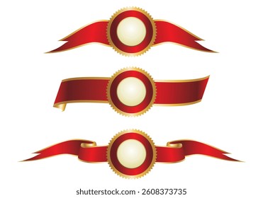 Horizontal decorative red and gold ribbons with circular blank centers, perfect for banners, awards, labels, or promotions. Clean vector design on white.