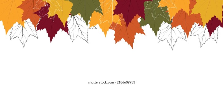 Horizontal decorative seamless header with mapple leaves for sites. Autumn decorative line with leaves for banner or frame design