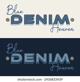 Horizontales Denim-Etikett mit Text Blau Himmel, Jeans-Knöpfe. Buchstaben in der Lautstärke. Detaillierte Komposition im Vintage-Stil auf schwarzem, weißem Hintergrund. Für Kleidung, T-Shirt, Oberflächendesign.