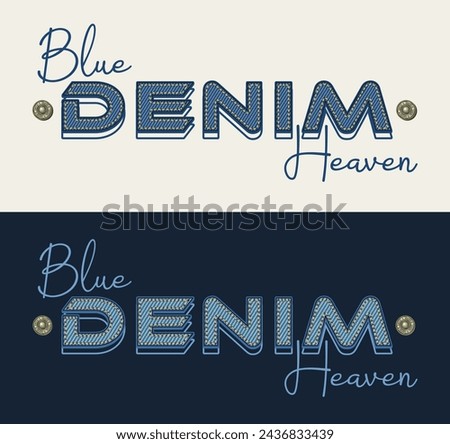 Horizontal denim label with text Blue Heaven, jeans buttons. Volume letters. Detailed composition in vintage style on black, white background. For clothing, t shirt, surface design.