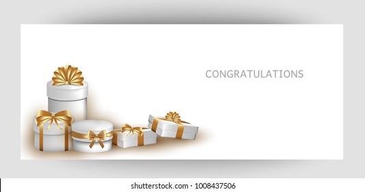 Horizontal design background with white gift boxes and gold bow. Template Invitation For Valentine's Day, Wedding, Birthday. For a banner, postcards. flyer, label, certificate, company card. Vector.