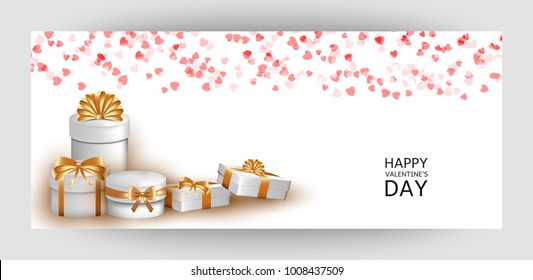 Horizontal design background with white gift boxes and gold bow. Template Invitation For Valentine's Day, Wedding, Birthday. For a banner, postcards. flyer, label, certificate, company card. Vector.