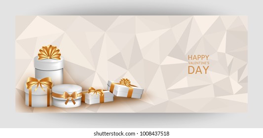 Horizontal design background with white gift boxes and gold bow. Template Invitation For Valentine's Day, Wedding, Birthday. For a banner, postcards. flyer, label, certificate, company card. Vector.