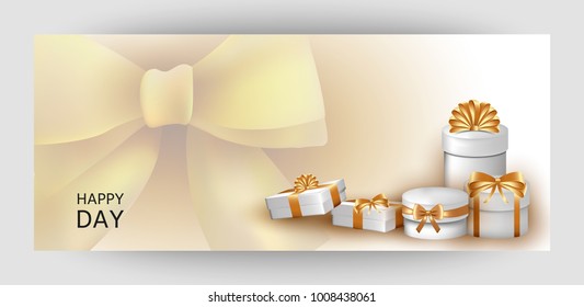 Horizontal design background with white gift boxes and gold bow. Template Invitation For Valentine's Day, Wedding, Birthday. For a banner, postcards. flyer, label, certificate, company card. Vector.