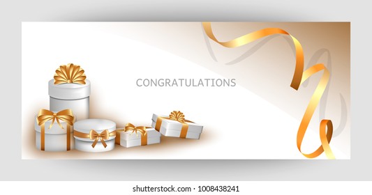 Horizontal design background with white gift boxes and gold bow. Template Invitation For Valentine's Day, Wedding, Birthday. For a banner, postcards. flyer, label, certificate, company card. Vector.
