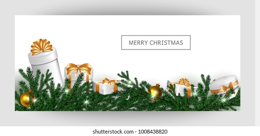 Horizontal design background with white gift boxes and a gold bow with tree branches and balls. Template Invitation For Happy  New Year, Merry Christmas. For a banner, postcards. flyer. Vector
