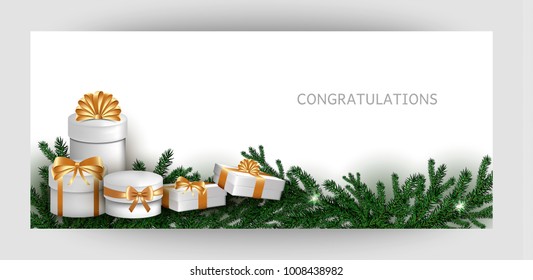 Horizontal design background with white gift boxes and a gold bow with tree branches and balls. Template Invitation For Happy  New Year, Merry Christmas. For a banner, postcards. flyer. Vector