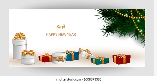 Horizontal design background with white gift boxes and a gold bow with tree branches. Template Invitation For Happy New Year, Merry Christmas. For a banner, postcards. flyer. Vector