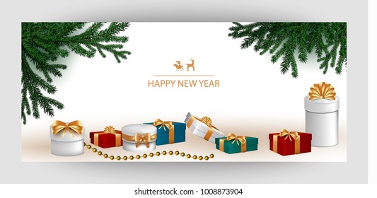 Horizontal design background with white gift boxes and a gold bow with tree branches. Template Invitation For Happy  New Year, Merry Christmas. For a banner, postcards. flyer. Vector